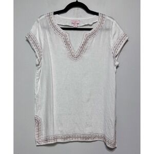 St. Tropez Embroidered‎ Linen Tunic Size Medium Coastal Chic Old Money Metallic